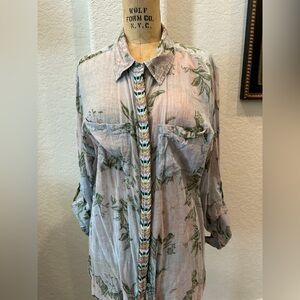 Floral Button-Up Blouse with Embroidered trim